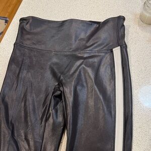 SPANX Black Faux Leather Leggings with White Stripe